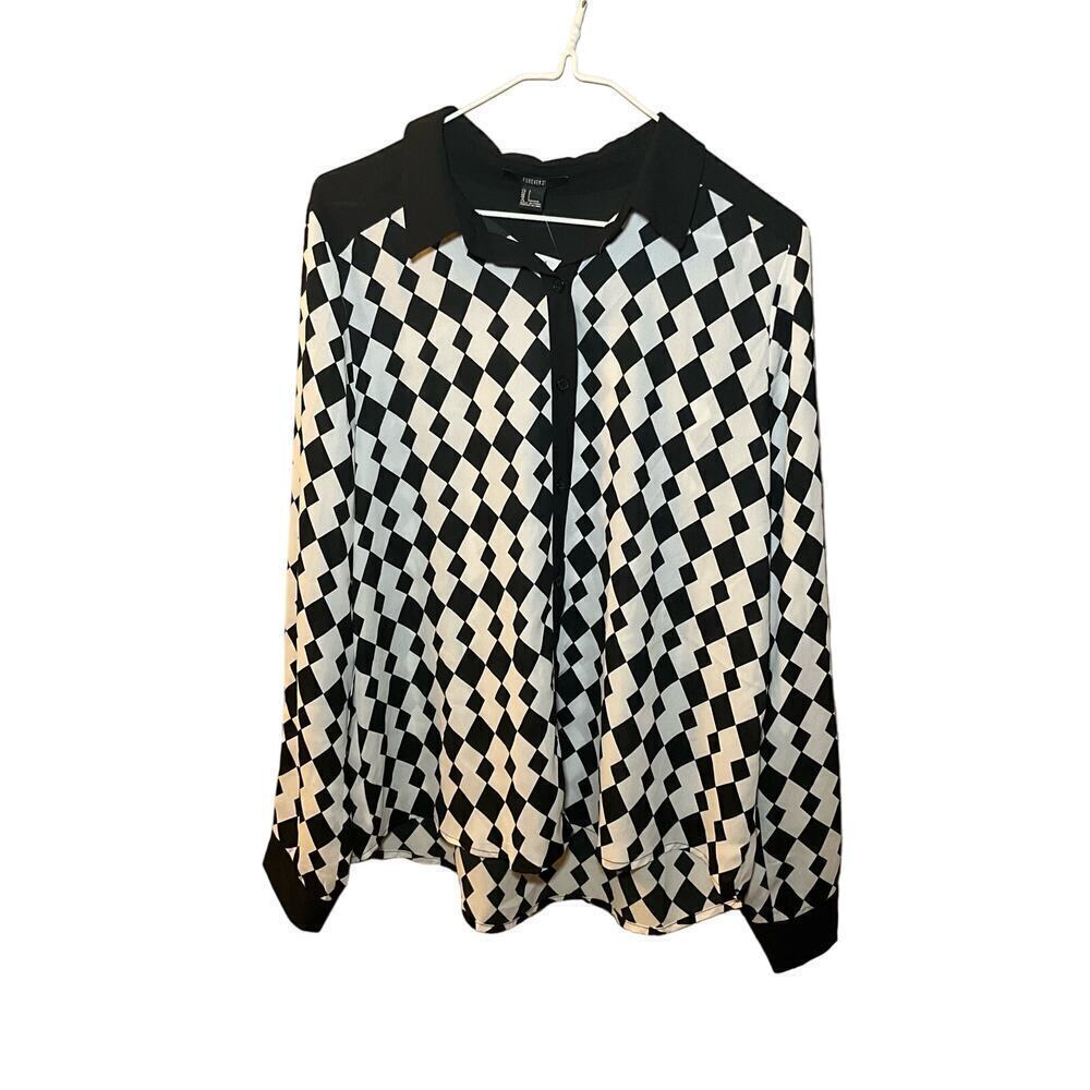 Forever 21 Button-Up Shirt Women's L Black/White Geometric Collared Long Sleeve